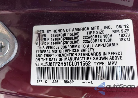 2012 Honda Crosstour Ex-L from USA, damaged, VIN 5J6TF2H51CL011562